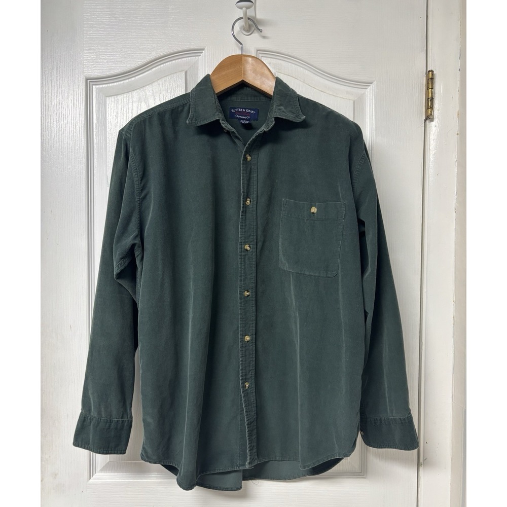 Vintage Sutter & Grant Mens Large 100% Cotton Green Corduroy Button Up Shirt 90'